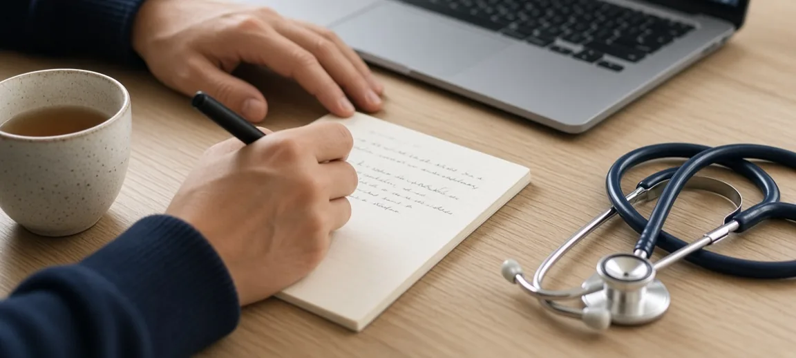 A clinician's hands taking handwritten notes beside a laptop and stethoscope during a case review
