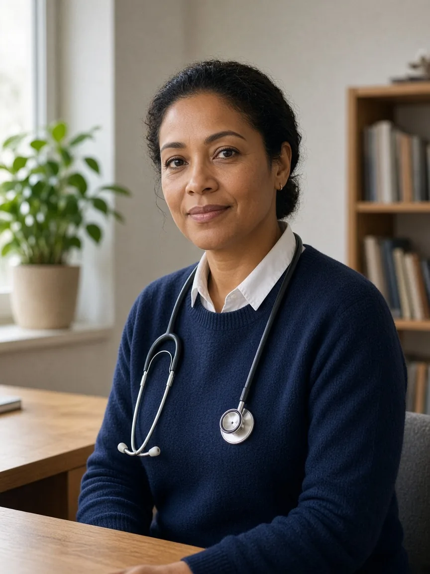 Clinician in a navy sweater with a stethoscope, seated at a desk by a window