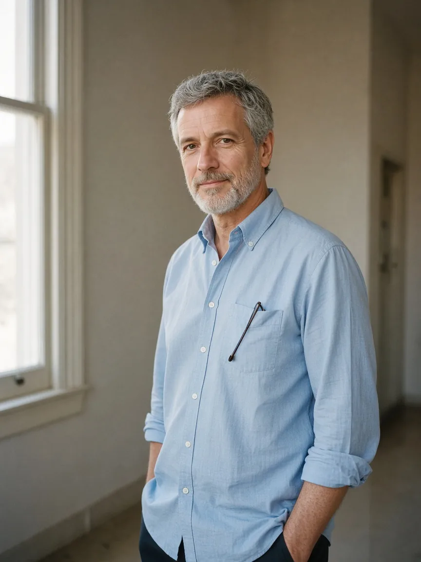 Physician with gray hair in a light blue shirt, standing by a clinic window