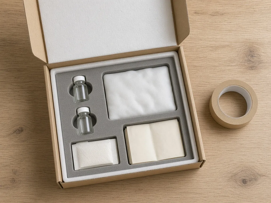 An unbranded insulated mailer opened on an oak table, holding two vials, a cold pack, prep pads, and a folded instruction sheet