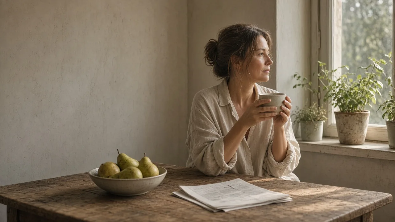 A woman in a linen shirt holding a mug at her kitchen table, looking out the window in morning light