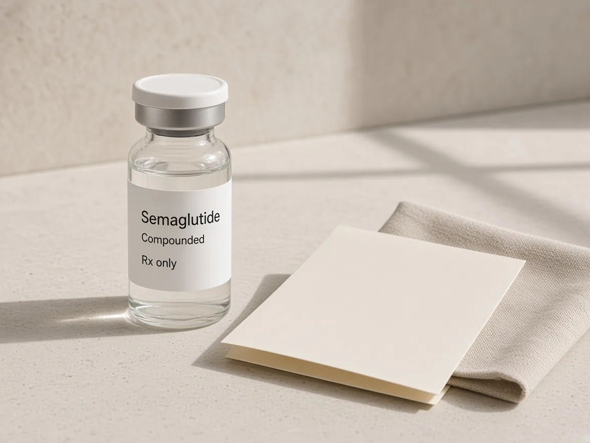 A glass vial labeled compounded semaglutide, Rx only, on limestone beside a folded cream card and linen