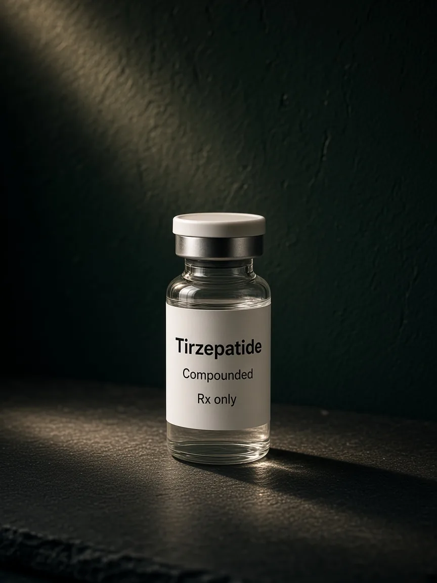 A glass vial labeled compounded tirzepatide, Rx only, lit by a shaft of light on dark slate